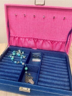 Blue & Pink Fabric Ring- Jewelry Box Organizer Silver tone Hardware W/Lock & Key